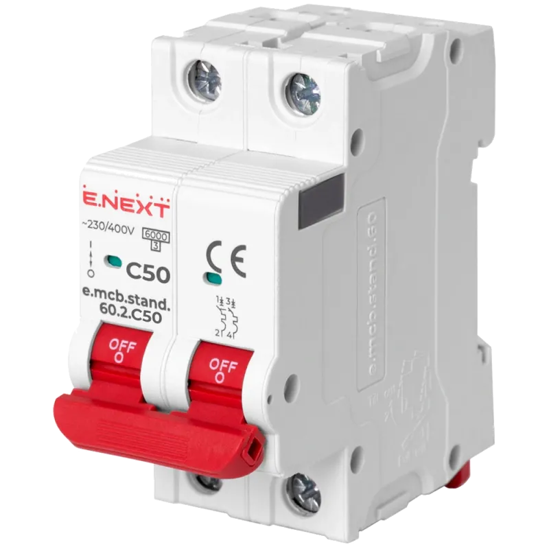 Модульний автоматичний вимикач Enext e.mcb.stand.60.2.C50, 2р, 50А, C, 6кА
